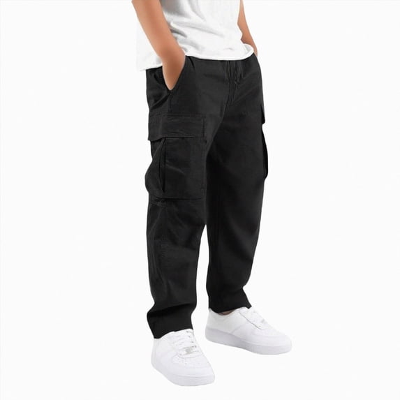 mgoYE Boys Cargo Pants Drawstring Casual Hiking Pants Joggers Athletic Trousers Cotton Loose Straight Sweatpants for Boy(Black,5-6 Years)