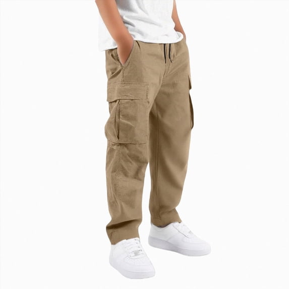 mgoYE Boys Cargo Pants Drawstring Casual Hiking Pants Joggers Athletic Trousers Cotton Loose Straight Sweatpants for Boy(Khaki,11-12 Years)