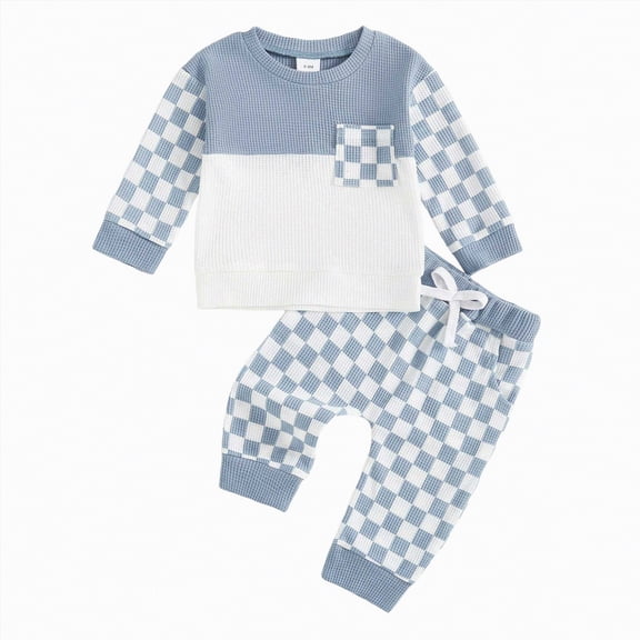 mgoYE Boys Clothes 3t Fall Winter Outfit Patchwork Long Sleeve Sweatshirt Tops Stretch Pants Set Sweatshirt Pants Set(Sky Blue,12-18 Months)