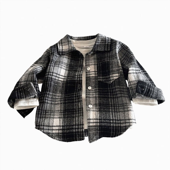 mgoYE Boys Girls Flannel Plaid Shirt Jacket Long Sleeve Lapel Button Pocketed Shirts Regular Fit Casual Fall Coat(Black,12-13Years)