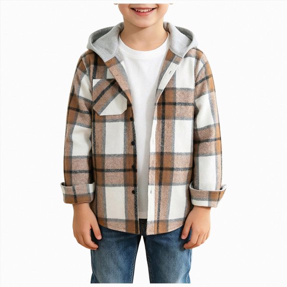 mgoYE Boys Jackets Hoodie Plaid Long Sleeve Toddler Button Shirts Top for Fall