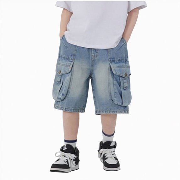 mgoYE Boys Jean Shorts 7-8 Years Wide Leg Distressed Cargo Long Denim Shorts Loose Fit Streetwear Summer Light Blue