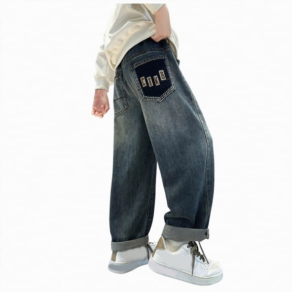 mgoYE Boys Jeans Size 14 Boys Jeans Baggy Straight Leg Elastic Waist Loose Denim Pants with Pockets(Blue,11-12 Years)