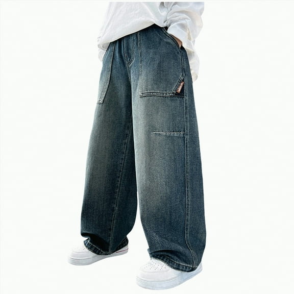 mgoYE Boys Jeans Size 14 Boys Jeans Baggy Straight Leg Elastic Waist Loose Denim Pants with Pockets(Blue,13-14 Years)