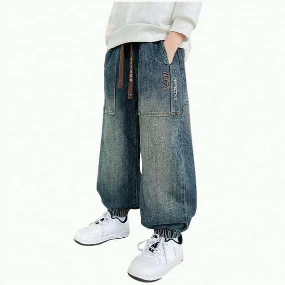 mgoYE Boys Jeans Size 14 Boys Jeans Baggy Straight Leg Elastic Waist Loose Denim Pants with Pockets(Blue,9-10 Years)