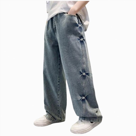 mgoYE Boys Jeans Size 14 Boys Jeans Baggy Straight Leg Elastic Waist Loose Denim Pants with Pockets(Blue,9-10 Years)