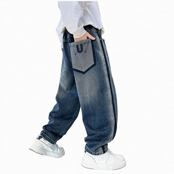mgoYE Boys Jeans Size 14 Boys Jeans Baggy Straight Leg Elastic Waist Loose Denim Pants with Pockets(Blue,9-10 Years)