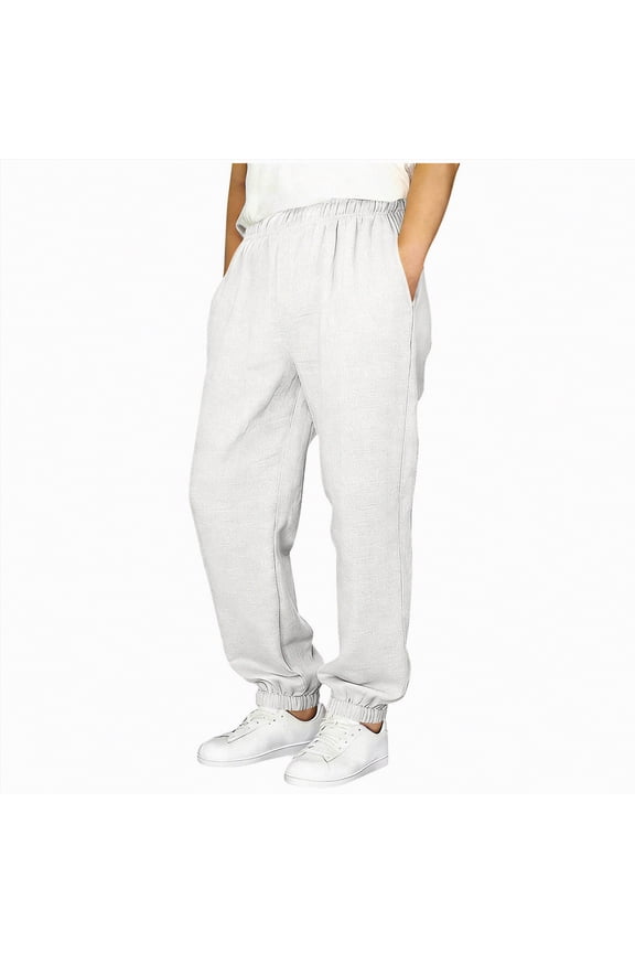 Boys Pull on Linen Pants Textured Summer Casual Beach Pants Elastic Waist 4-14T(White,11-12 Years)