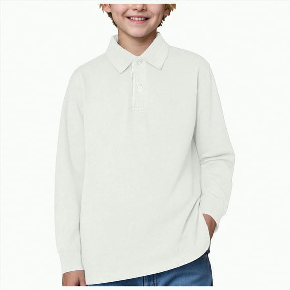 mgoYE Boys School Shirts Boys' School Uniform Long Sleeve Polo Shirt, Button Closure|Beige 16-17 Years