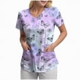 thumbnail image 1 of mgoYE Butterfly-Printed Scrub Tops for Women Stretchy Short Sleeve V-neck Cute Nurse Working Uniforms with 2 Pockets(Light Purple,XL), 1 of 5