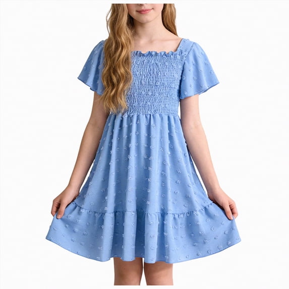 mgoYE Casual Toddler Girl Dress Girls Short Sleeve Dress Dot Square Neck Smocked Summer Dresses(Blue,6-7 Years)
