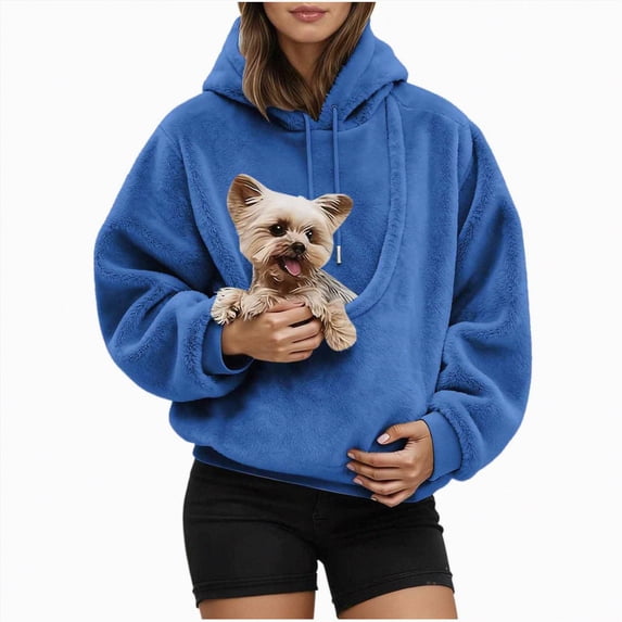 mgoYE Cat Pouch Hoodie for Women Kangaroo Pocket Dog Pouch Sweatshirts Pet Carrier Pullover Animal Holder Long Sleeve Tops(Blue,XL)