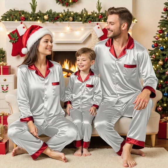 mgoYE Christmas Family Matching Pajamas Long Sleeve Button Pj Set Festival Party Sleepwear(Grey,S)