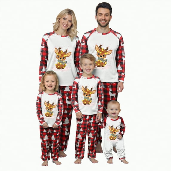 mgoYE Christmas Family Matching Pajamas Sets Christmas PJ's Letter Print Top and Plaid Pants Sleepwear(Red,7-8 Years)