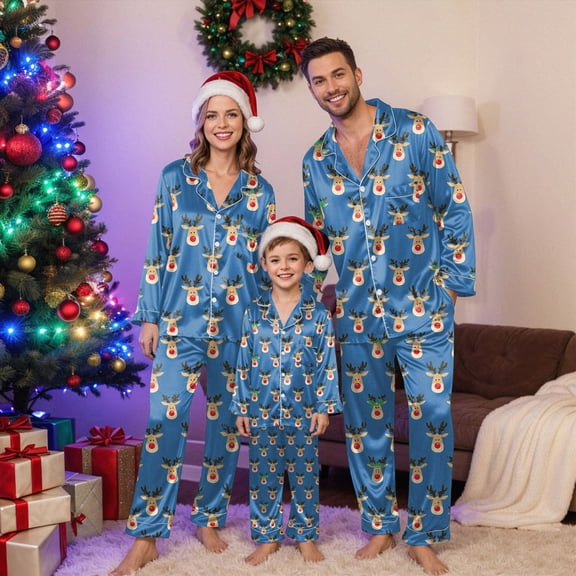 mgoYE Christmas Pajamas for Family Silk Satin Button Sleepwear Long Sleeve Nightwear 2 Pcs Comfy Loungewear Set(Blue,5-6 Years)