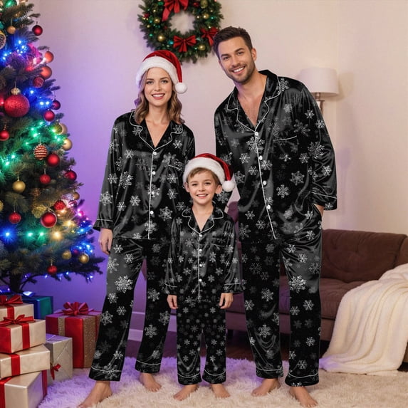 mgoYE Christmas Pajamas for Family Silk Satin Holiday Matching Pajamas Sets Long Sleeve Button Comfy Loungewear Sets(Black,XL)