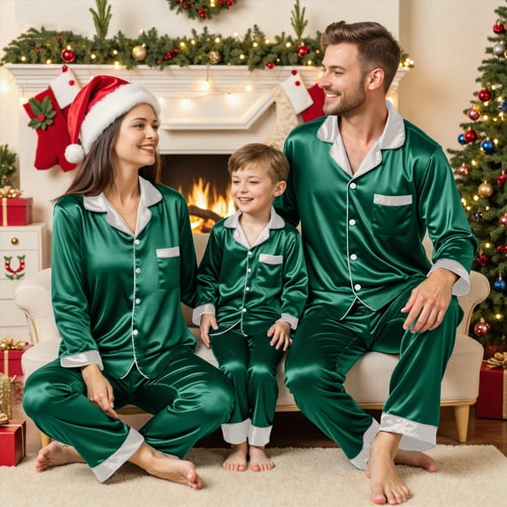 mgoYE Christmas Pajamas for Family Silk Satin Holiday Matching Pajamas Sets Long Sleeve Button Comfy Loungewear Sets(Green,M)