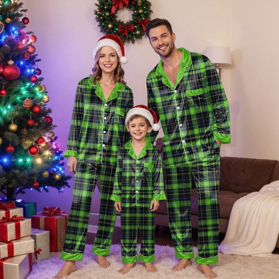 mgoYE Christmas Pajamas for Family Silk Satin Holiday Matching Pajamas Sets Long Sleeve Button Comfy Loungewear Sets(Green,S)