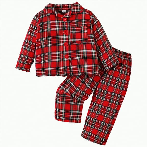 mgoYE Christmas Pajamas for Kids Boy Girl Plaid Pajama Pants Set Lapel Collar Button Sleepwear Matching Christmas Pjs(Red,6-7 Years)