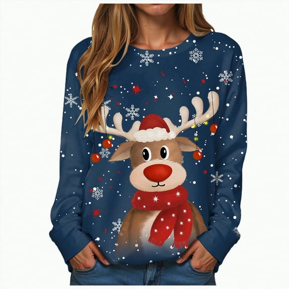 mgoYE Christmas Shirt Women Christmas Sweatshirts for Women Long Sleeve Shirt Graphic Tees Fall Pullover Tops(Dark Blue,M)