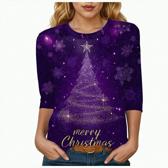 mgoYE Christmas Shirts for Women Christmas Sweatshirts Women Xmas Shirt Christmas Tree Graphics Tees 3/4 Sleeve Pullover Tops(Dark Purple,XL)