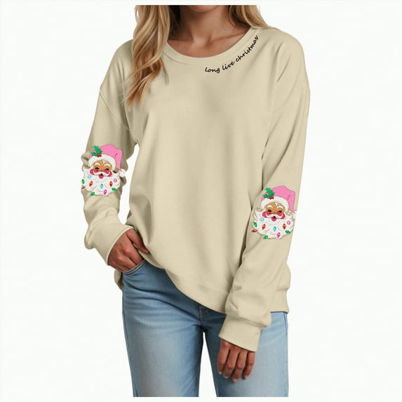 mgoYE Christmas Shirts for Women T Shirts for Women Casual Western Graphic Pullover Tops Hoodies Tees Cowgirls Country Outfits(Beige,XL)