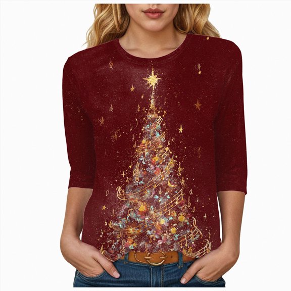 mgoYE Christmas Shirts for Women Women's Casual Crew Neck Christmas Sweatshirt Loose Soft 3/4 Sleeve Pullover Tops(Wine,XL)