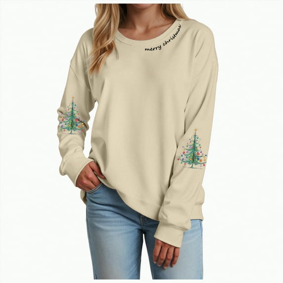 mgoYE Christmas Sweatshirt Women Christmas Light Sweatshirts Merry and Bright Xmas Long Sleeve Shirts Crewneck Pullover Tops(Beige,M)