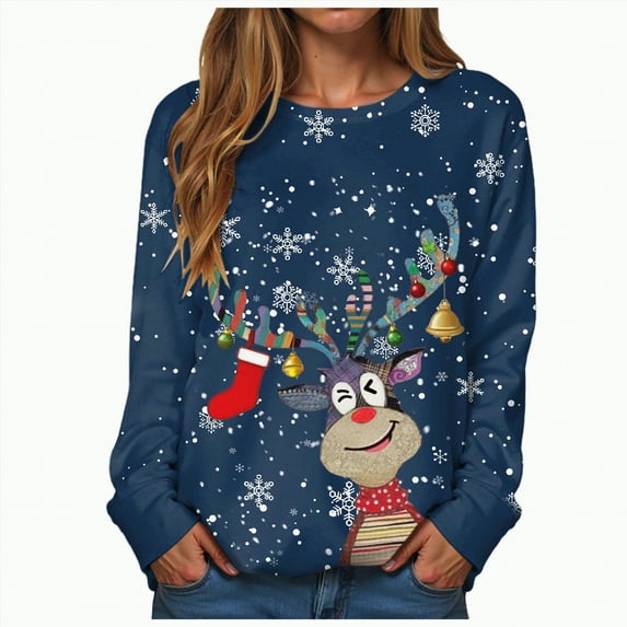 mgoYE Christmas Tee Shirts for Women Long Sleeve Crewneck Casual Dressy Tops Funny Graphic Christmas Fall Fashion Outfits(Navy,M)