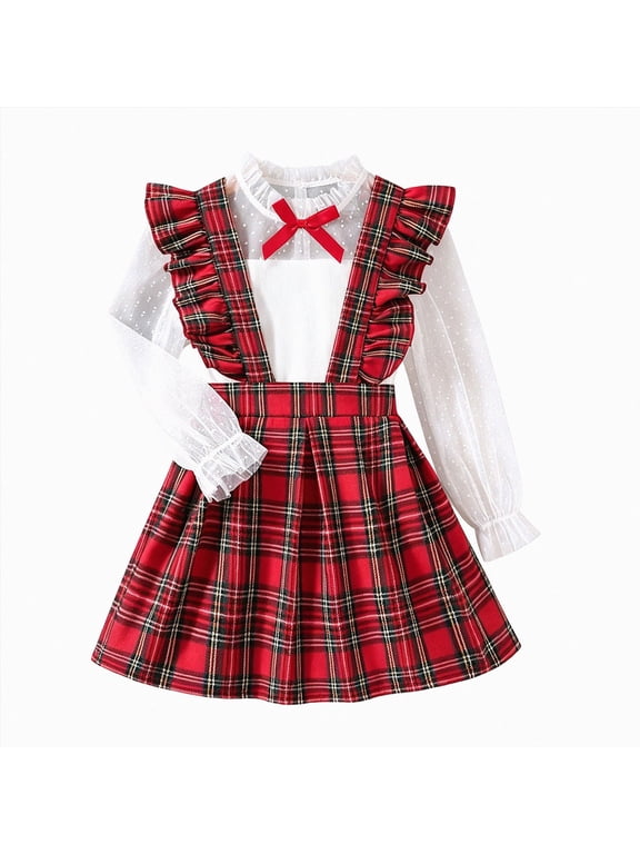 Christmas Toddler Girl Plaid Dress Long Sleeve Bow Patchwork Rib Ruffled Shirts Dress Xmas Outfit 7 Years
