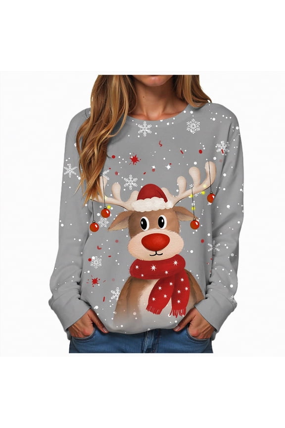 Christmas Tshirts Women Christmas Sweatshirts for Women Long Sleeve Shirt Graphic Tees Fall Pullover Tops(Grey,L)