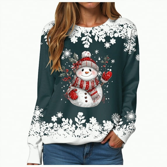 mgoYE Christmas Tshirts Women Long Sleeve Crewneck Casual Dressy Tops Funny Graphic Christmas Costumes Fall Fashion Outfits(Dark Green,M)
