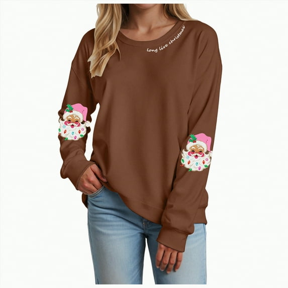 mgoYE Christmas Womens Clothing Sweatshirts Christmas Sweatshirt Women - Christmas Graphic Crewneck Tops Casual Sweater(Brown,XL)