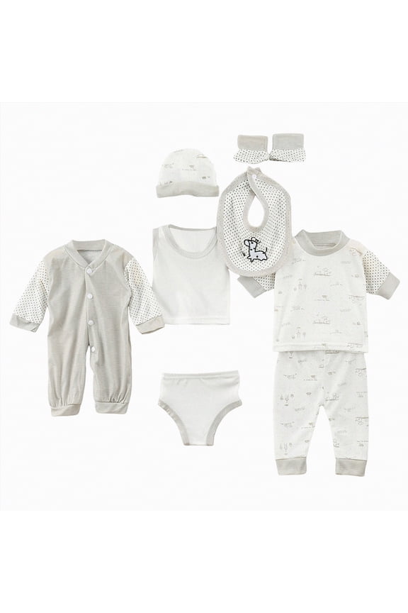 Clothes Baby Girl Boy Clothes Set +Bib+Sock Set Tops+Hat+Pants 8Pcs Outfits Boy Shose+Romper Girl Boy Outfits Preemie Baby Clothes(Grey,0-3 Months)