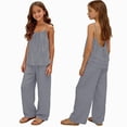 thumbnail image 1 of mgoYE Cotton Linen Set for Girls 2 Piece Outfits Spaghetti Strap Tank Tops Matching Wide Leg Pants Kids Summer Lounge Sets Size 3-14 T Size 9-10 Years, 1 of 5
