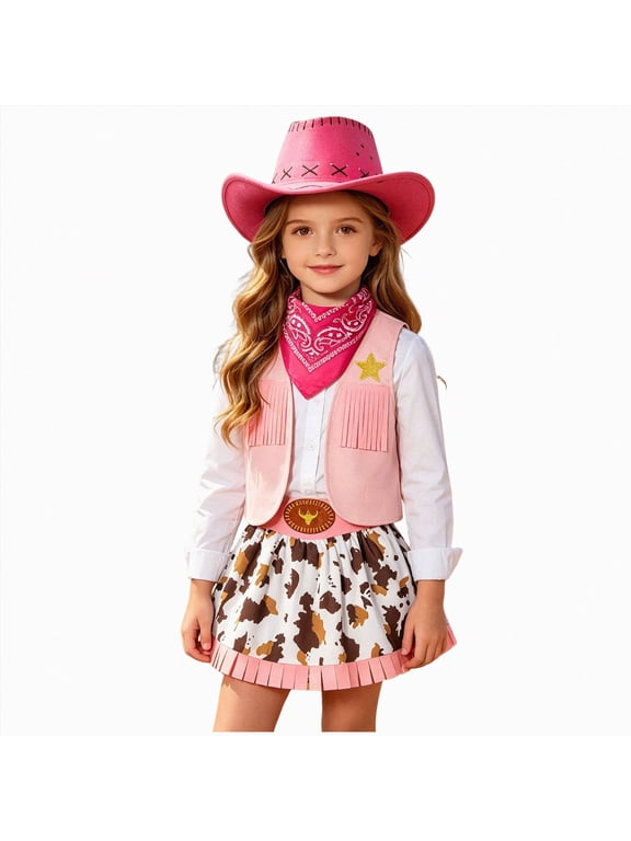 Cowgirl Outfit for Girls Toddler Western Outfit with Hat and Bandanna Set(Light Pink,3-4 Years)