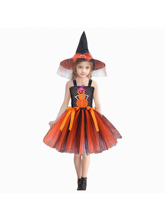 Cute Children Halloween Orange Witchostume for Girls, Toddler Infant Baby Halloween Outfit(Orange,10-12 Years)
