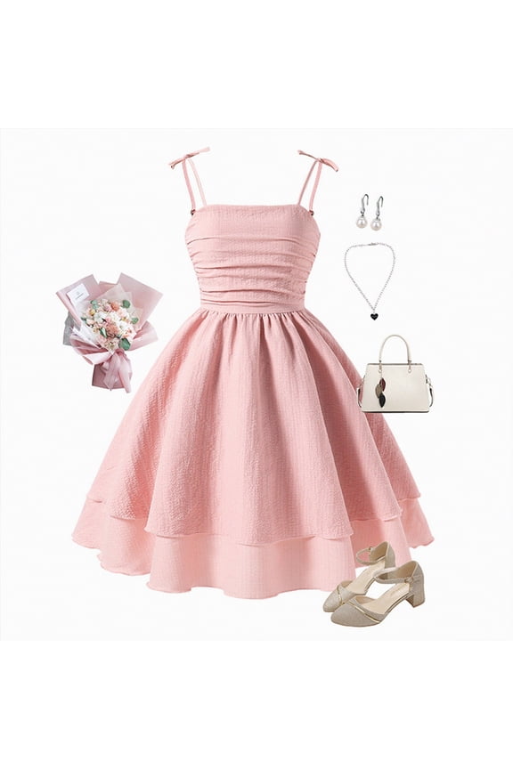 Cute Dresses for Teens Girl's Flowy Cami Dress Ruched Sleeveless Pink Layered Ruffle Short Smocked Summer Dresses(Pink,12-13 Years)