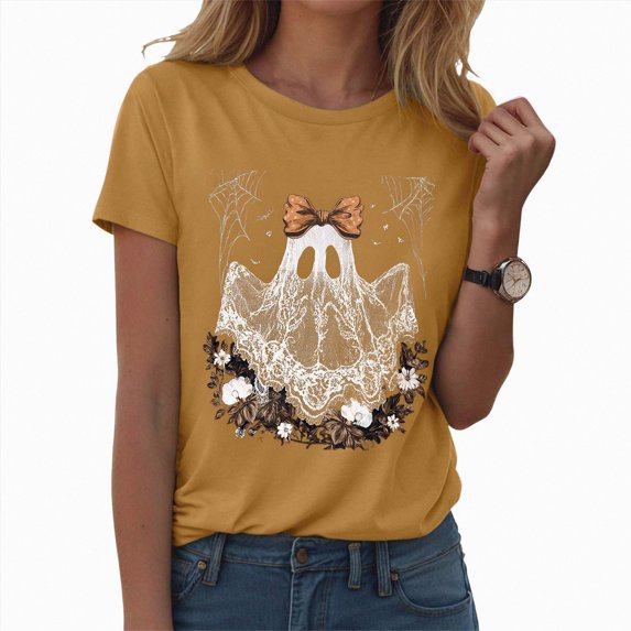 mgoYE Cute Halloween Shirts for Women Ghost T Shirt Funny Cute Short Sleeve Tops Shirt Women|Yellow M