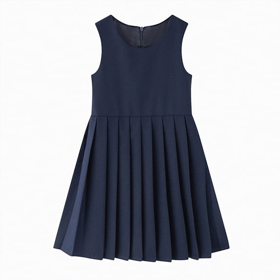 mgoYE Dress for Kids 10-12 Girls School Uniform Jumper Dress Solid Soft Sleeveless Crew Neck A-Line Pleated Dress(Navy,3-4 Years)