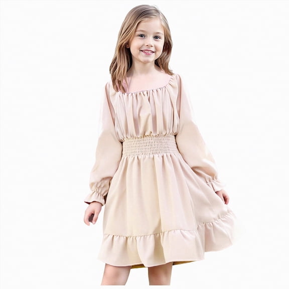 mgoYE Easter Little Girl Dress Girls Dress Long Sleeve Square Neck Mini Dress Ruched Waist A Line Casual Special Party Dresses(Khaki,11-12 Years)