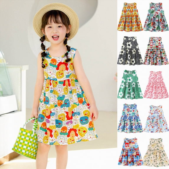 mgoYE Easter Little Girl Dress Toddler Baby Girls' Dresses Kid Little Girls Summer Outfit Casual Cartoon Round Neck A-Line Beach Dresses(Light Blue,18-24 Months)