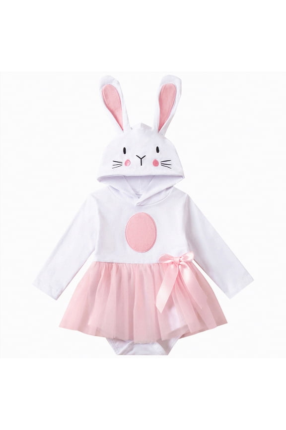 Easter Outfit Baby Girl Toddler Infant Bunny Onesie Ruffle Tulle Tutu Dress Bubble Romper Hooded Jumpsuit With Ear(White,0-3 Months)