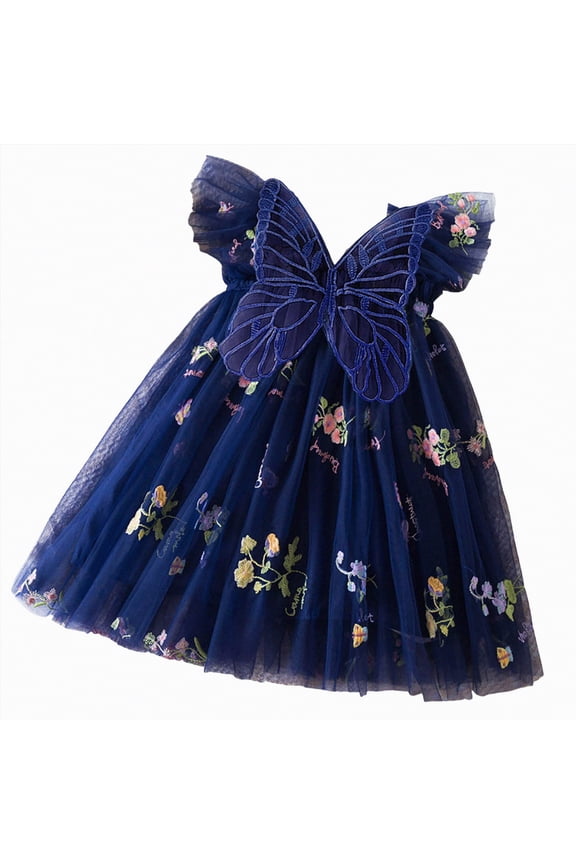 Fairy Dress Kids Baby Butterfly Tulle Dress Fairy First Birthday Party Toddler Girl Dress(Dark Blue,12-18 Months)