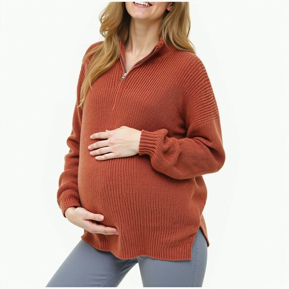 mgoYE Fall Maternity Shirts Long Sleeve Maternity Sweaters Boat Neck Ribbed Knit Pregnancy Winter Clothes(Brick Red,S)