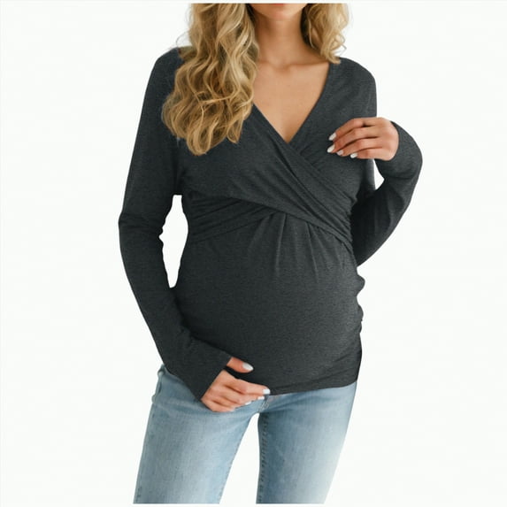mgoYE Fall Maternity Shirts Long Sleeve Maternity Sweaters Boat Neck Ribbed Knit Pregnancy Winter Clothes(Grey,S)