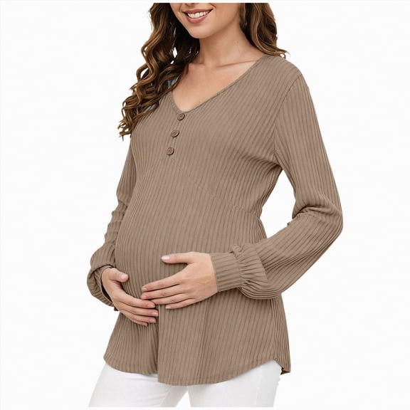 mgoYE Fall Maternity Shirts Long Sleeve Maternity Sweaters Boat Neck Ribbed Knit Pregnancy Winter Clothes(Khaki,L)