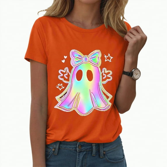 mgoYE Fall Shirts for Women Pumpkin Graphic T Shirts Cute Halloween Tops Thanksgiving Tee(Orange,L)