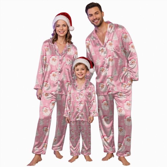 mgoYE Family Christmas Pajamas Matching Sets Silk Satin Plus Size Casual Pjs Matching Sets for Family(Pink,3XL)