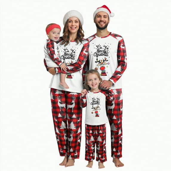 mgoYE Family Christmas Pjs Matching Sets , Baby Romper/Letter Christmas Hat Print Long Sleeve Tops + Plaid Pants Sleepwear Set(Red,6-7 Years)